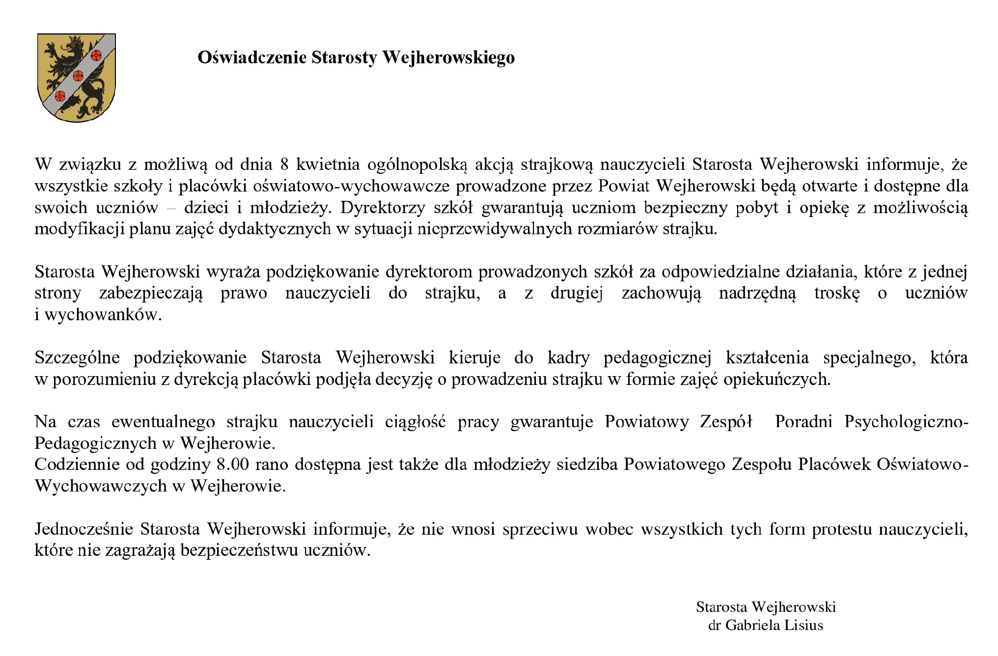 Oświadczenie Starosty Wejherowskiego